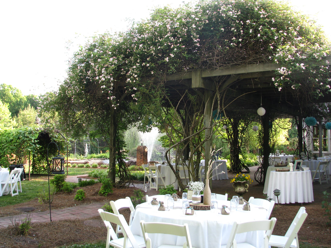 The veranda at Rosa Lee Manor, showcasing its classic Southern charm with elegant white columns, green lawn, and picturesque landscaping.